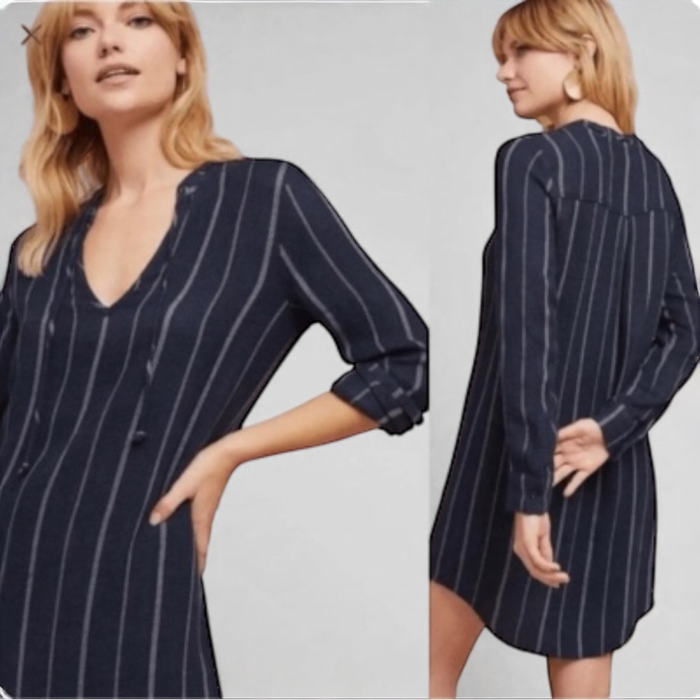 Anthropologie Cloth & Stone Navy Blue Striped Soft Tunic Dress Long Sleeve XS
